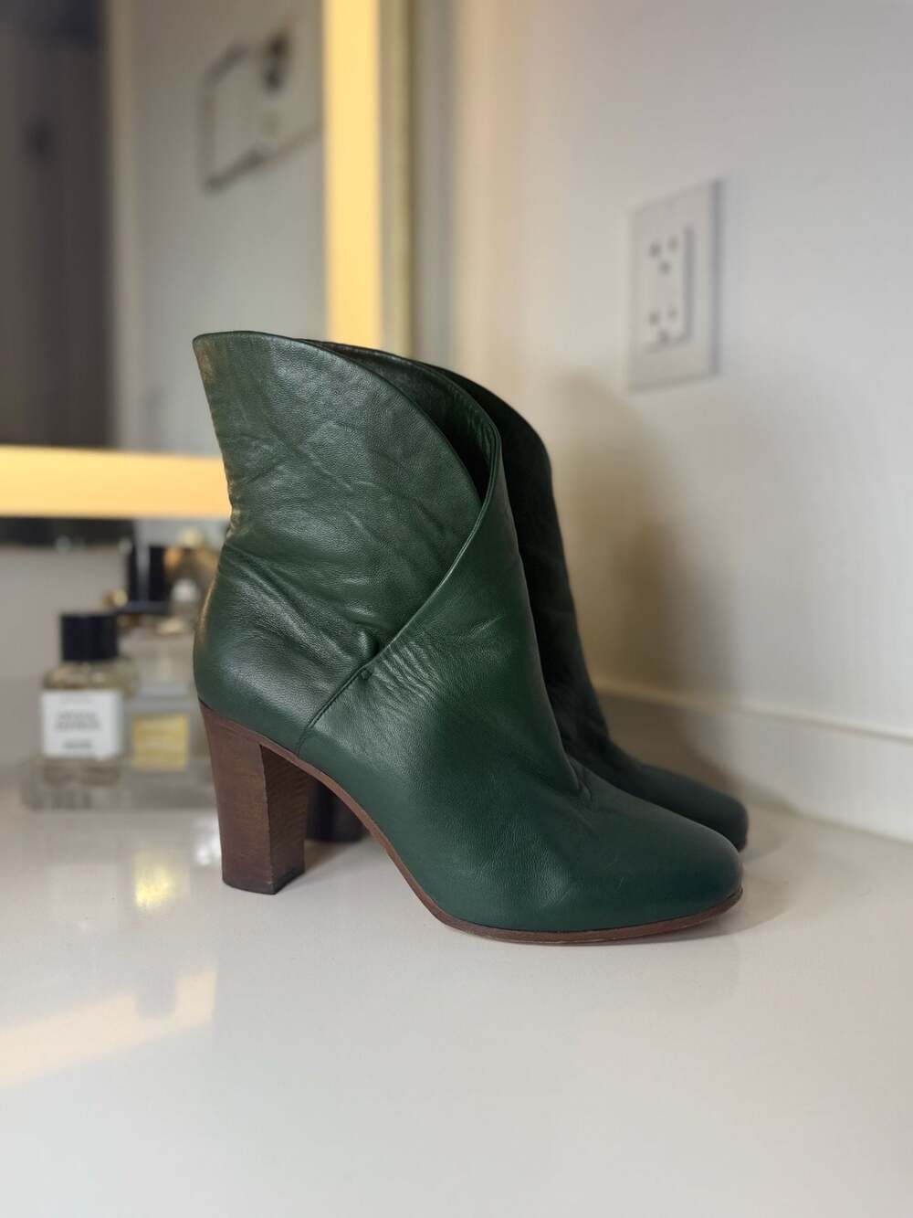 Celine Paris Forest Green Leather Wrap Ankle Boots